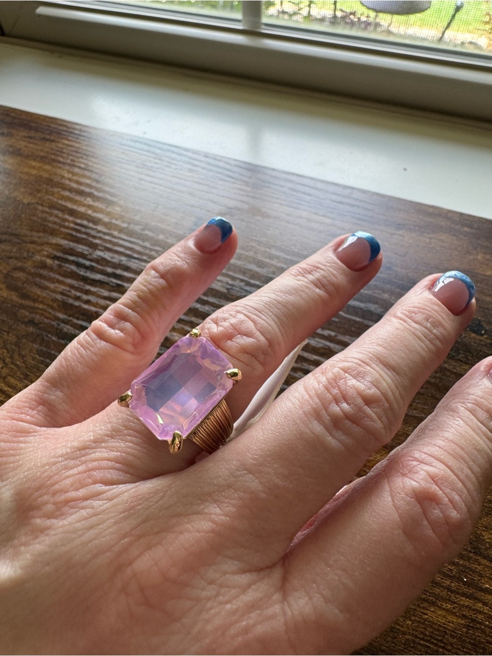 NWT Chic & Chic Pink Emerald Cut Crystal Gold Cocktail Ring OS